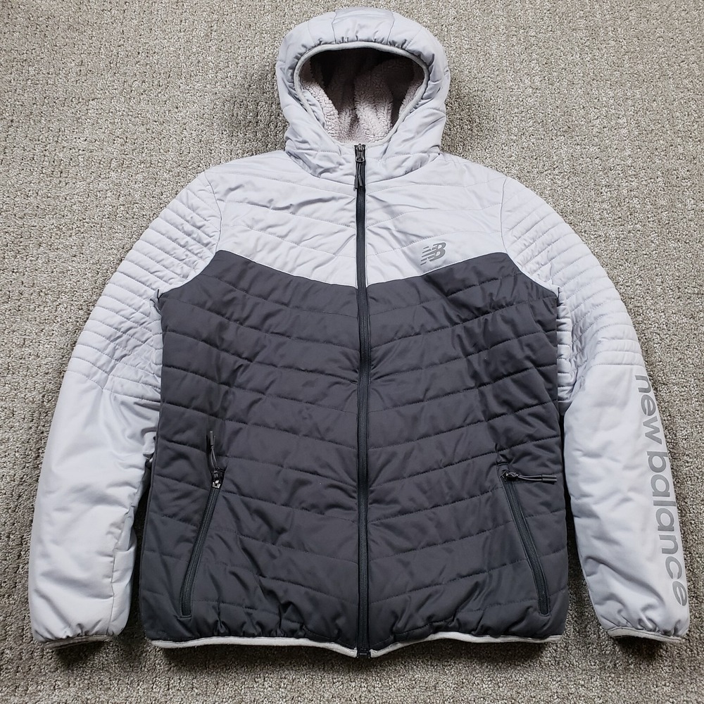 New Balance Puffer Jacket Womens L Gray Sherpa Lined Hooded Hybrid Full Zip